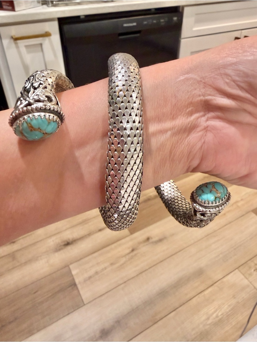 Vintage Mesh Coil Snake Arm Bracelet – Silver Tone & Faux Turquoise, Egypti
